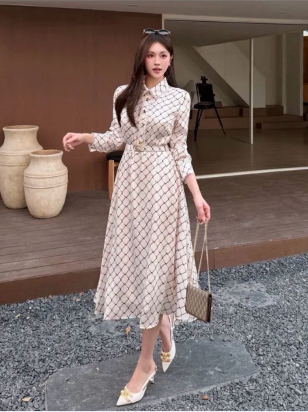 Cream Grid-Print Midi Shirt Dress with Belt